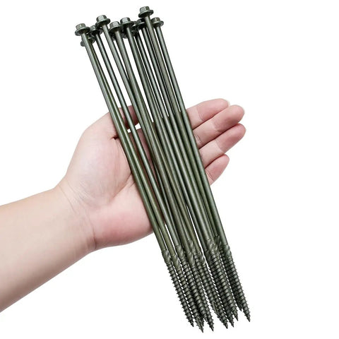 50 Pack Number 14 X 10 Hex Head Timber Screws Heavy Duty Exterior Deck Fasteners self drilling tips held in hand.