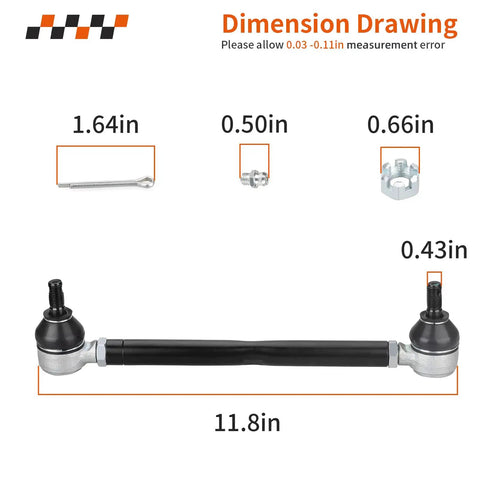 Two Piece Golf Cart Steering Tie Rod End And Shaft Kit For TXT Medalist Marathon 1994 2001 Fits Gas And Electric Carts Kickass Steering Upgrade For A Smooth Tight Ride And Long Lasting Performance. dimension drawing of black steering tie rod assembly with 11.8in shaft and metal ends