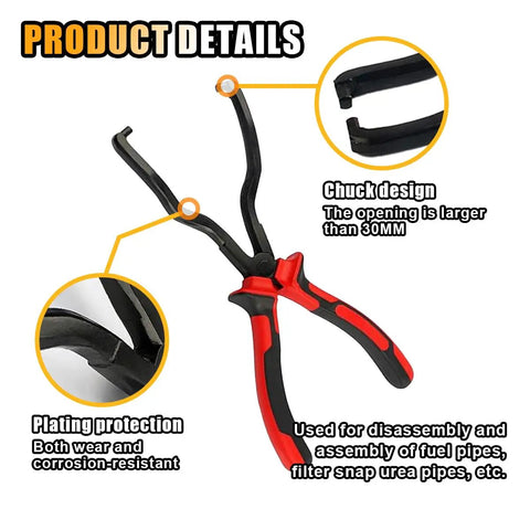 Fuel Line Pliers Quick Disconnect Tool For Gas Hose Clips, Heavy Duty Carbon Steel, Red Handle, Close-Up View