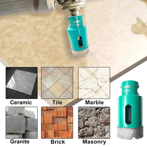 Diamond Core Drill Bits Hole Saw Set For Porcelain Tile Granite Marble Stone Brick Dry Wet Drilling Vacuum Brazed 6 Piece Set 06 08 10 25 35 45mm Sizes Built For Clean, Precise Cuts In Ceramic, Stone, And Masonry. Image showing drill bit in use on tile, with material samples for ceramic, tile, marble, granite, brick, masonry.