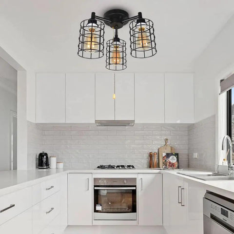Industrial Black Ceiling Light With Pull Chain And Metal Wire Cage Semi Flush Mount Steampunk Edison Style Fixture in kitchen