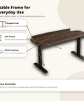 Solid Rubberwood Electric Standing Desk With Crisp Walnut Top, Smooth Single Motor Lift, showing wide desktop and sturdy T-shaped feet.