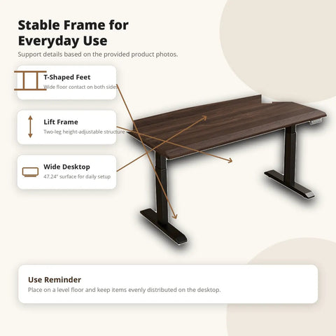 Solid Rubberwood Electric Standing Desk With Crisp Walnut Top, Smooth Single Motor Lift, showing wide desktop and sturdy T-shaped feet.