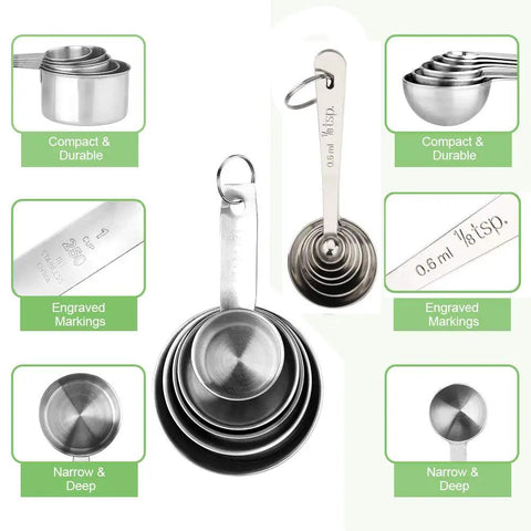 11 Piece Stainless Steel Measuring Spoons And Cups Set With Engraved Metric And Imperial Markings And Stackable Design For Everyday Cooking Baking Dry And Liquid Ingredients Great Gift, stacked stainless steel cups and spoons