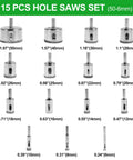 15 pcs hole saws set sizes shown from 50mm to 6mm for Adjustable Diamond Hole Saw Kit With Hollow Drill Guide And Suction Cup Base