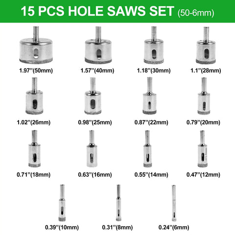 15 pcs hole saws set sizes shown from 50mm to 6mm for Adjustable Diamond Hole Saw Kit With Hollow Drill Guide And Suction Cup Base