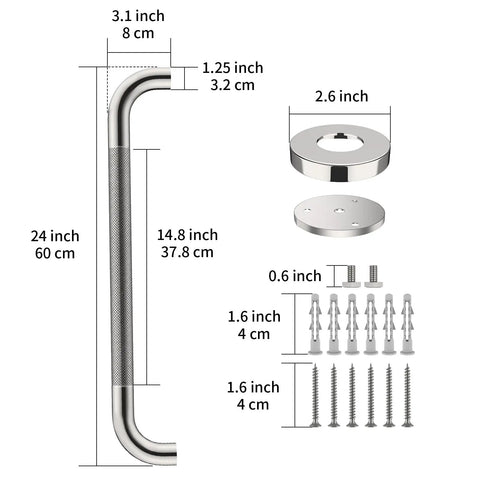2 Pack 24 Inch Anti Slip Shower Grab Bars Knurled Stainless Steel Chrome Hand Rail For Bathroom Safety And Senior Support Durable Handicap Bath Handles 1.25 Inch Diameter Easy Install with mounting hardware