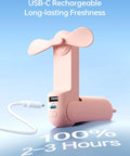 3 In 1 Pocket Handheld Mini Fan With Built In Power Bank And Flashlight USB Rechargeable in pink shown charging via USB-C