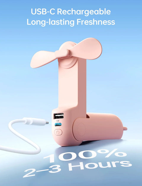 3 In 1 Pocket Handheld Mini Fan With Built In Power Bank And Flashlight USB Rechargeable in pink shown charging via USB-C