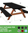 All Weather No Fuss Picnic Table Cover Set With Fitted 6 Foot Bench Covers Waterproof Tablecloth For Outdoor Camping And RV Life, 30x72 inches, solid black shown on picnic table and benches