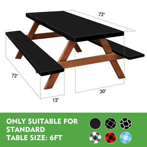 All Weather No Fuss Picnic Table Cover Set With Fitted 6 Foot Bench Covers Waterproof Tablecloth For Outdoor Camping And RV Life, 30x72 inches, solid black shown on picnic table and benches