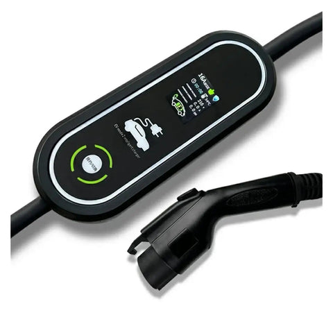 No Sweat Heavy Duty EV Charger Adapter Type 2 To Type 1 Cable 16 AMP EVSE Cord showing control interface and plug.