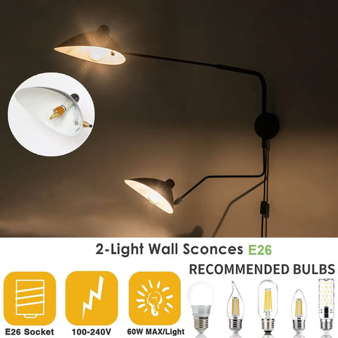 Retro Dope Plug In Wall Sconce With Swivel Arm And Adjustable Head, illuminated industrial black double swing arm sconce
