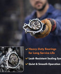 Hella Solid Electric Water Pump Thermostat Kit With Premium Gaskets Zero Sweat Bolt On Swap For EA888 Gen3 2.0L visible in hand, showcasing heavy-duty bearings.