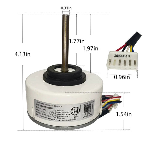 30W Brushless DC Air Conditioning Motor Inverter Fan RD 310 30 8T 310V 0.14A 1300 RPM, dimensions and connector