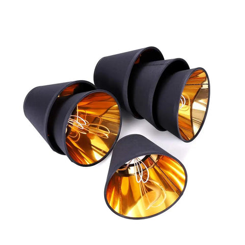 Set of 6 black and gold Clip On Chandelier Lamp Shades For Candelabra Bulbs Only, 3 Inch Top Diameter, 6 Inch Bottom Diameter, 5 Inch Tall