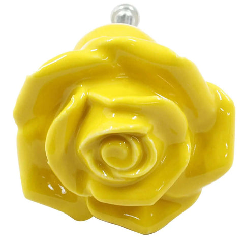 Total Game Changer Yellow Rose Ceramic Drawer Pulls With Smooth Glaze Finish For Kitchen Drawers And Vanity Storage Set Of Two, close-up view.