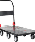 Heavy Duty Folding Platform Cart With Silent TPR Wheels, Straight Up Heavy Dolly For Moving And Garage Hauling, Hella Smooth Handcart built with a sturdy flat deck and red accents.