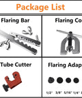 Brake line flaring tool kit package showing flaring bar, flaring cone clamp, red tube cutter, and flare adapters.
