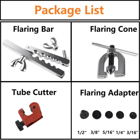 Brake line flaring tool kit package showing flaring bar, flaring cone clamp, red tube cutter, and flare adapters.
