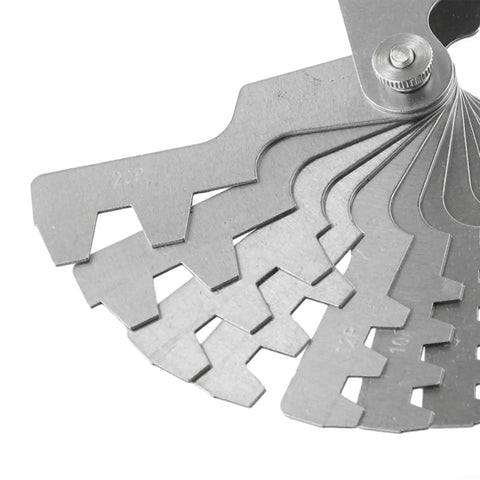 Close-up of 30 Degree Thread Gauge With Folding Blades 14 Piece Pitch Gauge Measures Metric Thread Pitch From 2P To 20P Stainless Steel