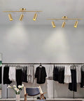 Brass Gold 3 Light Track Lighting Kit With Adjustable LED Heads in a modern closet setting with clothing racks