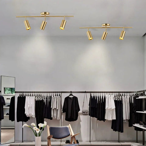 Brass Gold 3 Light Track Lighting Kit With Adjustable LED Heads in a modern closet setting with clothing racks