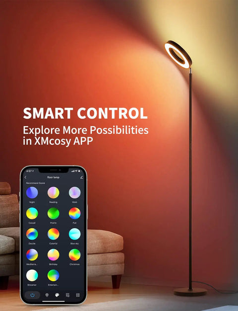Smart RGBW Floor Lamp With Double Side Lighting 2400 Lumen Dimmable LED Standing Lamp WiFi App Control Works With Alexa next to sofa