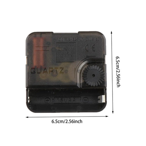 Close-up of DIY Wall Clock Movement Kit, measuring 6.5cm x 6.5cm, showing battery compartment and gear for easy installation.