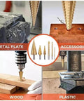 Six-piece titanium-coated step drill bit set for metal, wood and plastic; collage shows bits in use.