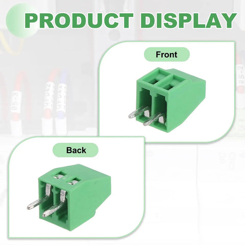 Beefy 10 Pack 3 Pin PCB Mount Screw Terminal Block Connector 5.08mm Pitch Green For 22-12AWG Cable 300V 10A Easy Clamp Wiring Terminal Block For DIY Electronics And Industrial Projects, front and back view