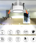 Plug-And-Play 2 Inch Smart Recessed LED Downlight Kit With WiFi Control, shown in a kitchen setting with app control icons.