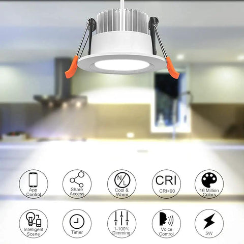 Plug-And-Play 2 Inch Smart Recessed LED Downlight Kit With WiFi Control, shown in a kitchen setting with app control icons.