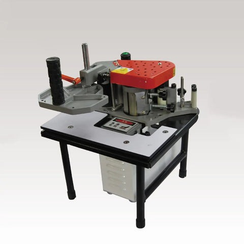 Manual Edge Banding Machine With Variable Speed 0 To 6 Meters Per Minute Double Sided Glue Bander on black metal stand.