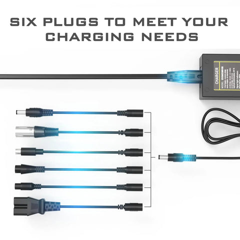 Universal 54.6V 2A Charger For 4.8V Li Ion Battery Packs with six plug options displayed on a white background.