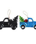 Festive Pickup Truck Ornament With Christmas Tree Decor Iron And Glass Hanging Keepsake, blue and black trucks, for vintage farmhouse style