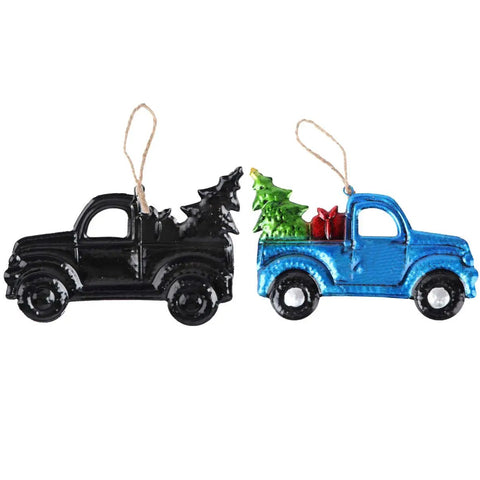 Festive Pickup Truck Ornament With Christmas Tree Decor Iron And Glass Hanging Keepsake, blue and black trucks, for vintage farmhouse style
