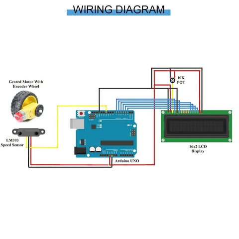 Wiring diagram for LM393 H2010 Infrared Photoelectric Sensor Module with Arduino, motor, and 16x2 LCD display setup.