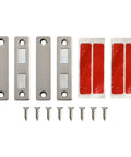 Ultra Slim Magnetic Door Catch With Dual Strong Magnets for kitchen cabinets, stainless steel latch, screws, and adhesive strips in silver