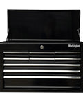 Front view of Beefy Portable 9 Drawer Tool Chest In Steel Black With Ball Bearing Drawer Slides Central Lock, open lid