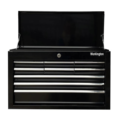 Front view of Beefy Portable 9 Drawer Tool Chest In Steel Black With Ball Bearing Drawer Slides Central Lock, open lid