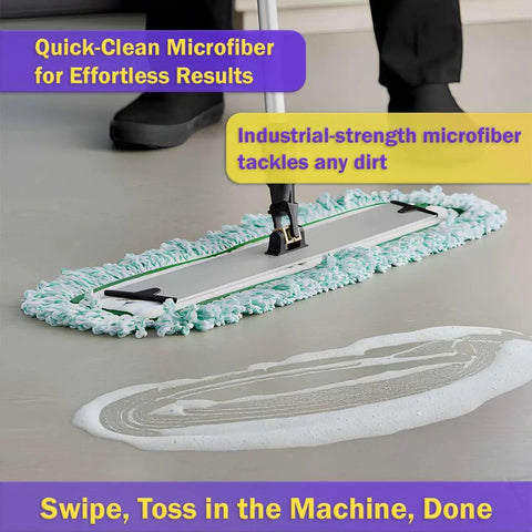 Six Pack Top Shelf Heavy Duty Microfiber Dust Mop Refills With Extra Long Fringe To Kick Dust To The Curb And Securely Grip Your Wall Sweeper Handle For No Sweat Pet Hair Pickup On Commercial Floors Daily, cleaning a floor.