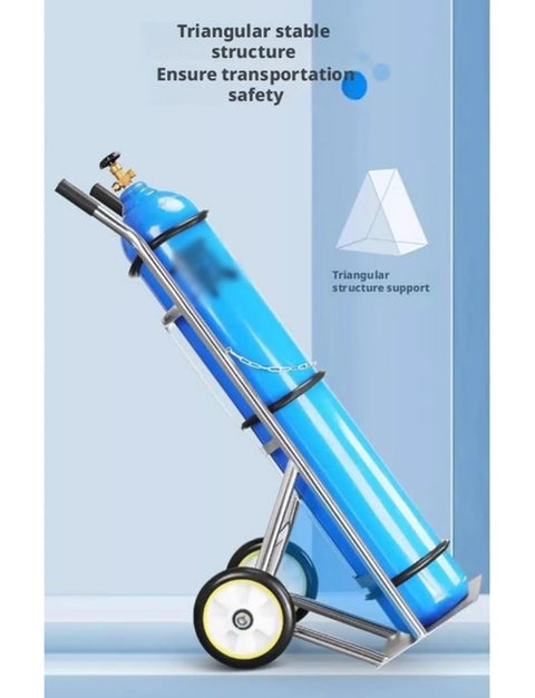 Heavy Duty Two Wheel Gas Cylinder Hand Truck And Oxygen Tank Rolling Cart featuring stable triangular design and dual wheels.