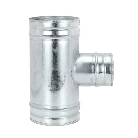 Front view of Three Way Duct Splitter Connector For HVAC And Dryer Systems, 6 Inch To 5 Inch Galvanized Steel T Shape Vent Duct Hose Adapter