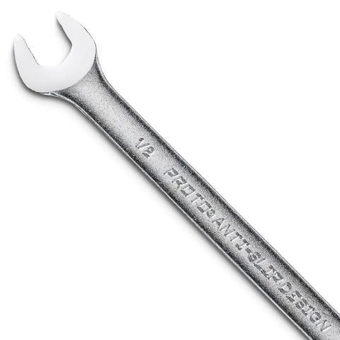 Half Inch SAE Combination Wrench With Satin Finish for Rust Resistance, showing open end, alloy steel, angled for detail