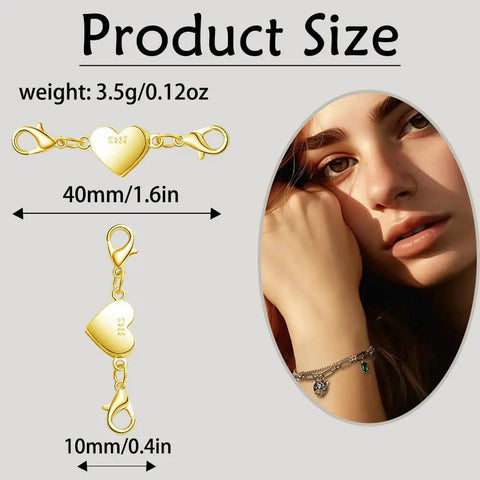 Magnetic Heart Shaped Clasp Set For Necklaces And Bracelets, double lobster claw clasp in gold finish, product size detail