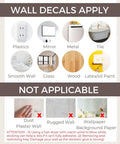 Usage instructions for Jumbo Peony Watercolor Wall Decals Set showing applicable and non-applicable surfaces.