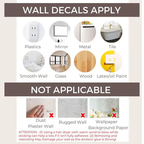 Usage instructions for Jumbo Peony Watercolor Wall Decals Set showing applicable and non-applicable surfaces.