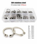 Pro Grade C Type External Circlip Kit 750 Pieces M6 To M15 For Shaft Bearings Kit in plastic case, Stainless Steel 304, 250 pcs