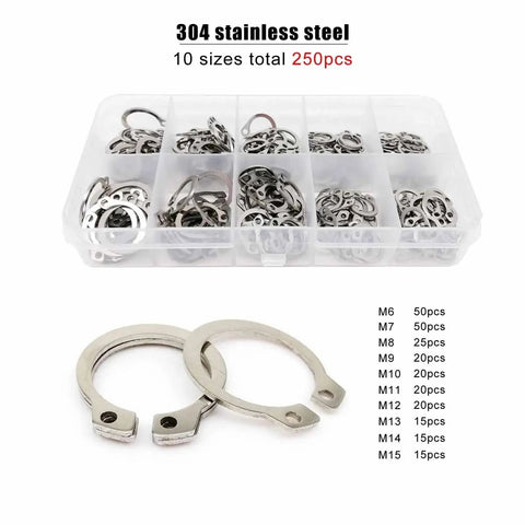 Pro Grade C Type External Circlip Kit 750 Pieces M6 To M15 For Shaft Bearings Kit in plastic case, Stainless Steel 304, 250 pcs